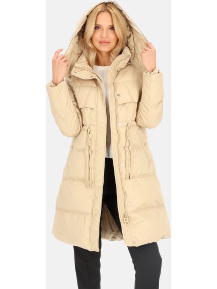 Béžová dámska páperová bunda s ozdobnými sťahovacími šnúrkami