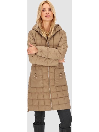 Béžová dámska zateplená prešívaná bunda s kapucňou