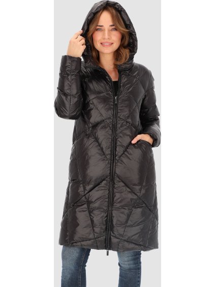 Čierna dámska páperová prešívaná bunda s kapucňou