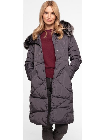 Sivý dámsky dlhý zimný prešívaný kabát
