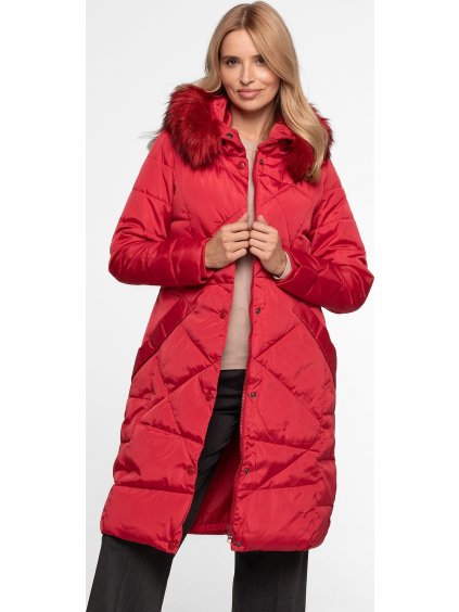 Červený dámsky dlhý zimný prešívaný kabát