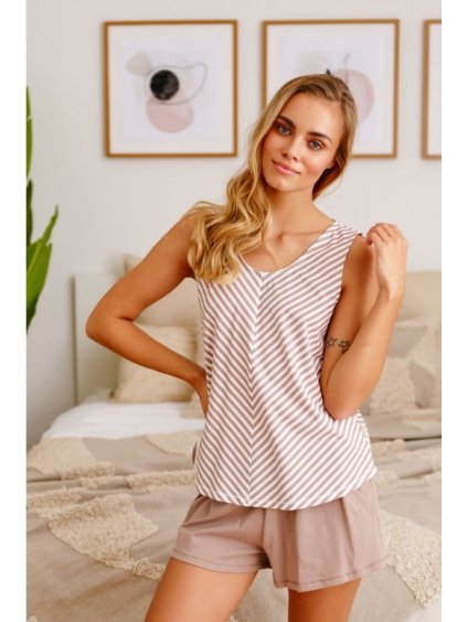 Béžové krátke pyžamo s pruhovaným topom