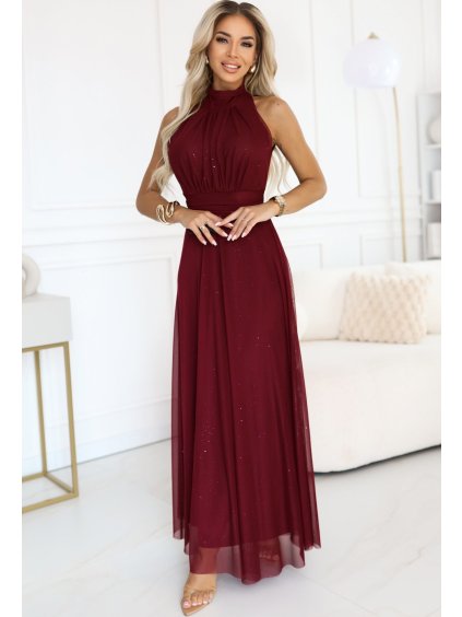 Vínové lesklé luxusné dlhé šaty VERONICA s elegantným strihom