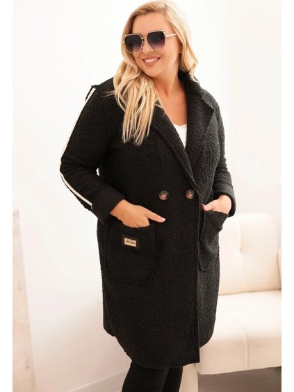 Čierny dámsky plus size teddy kabát s vreckami