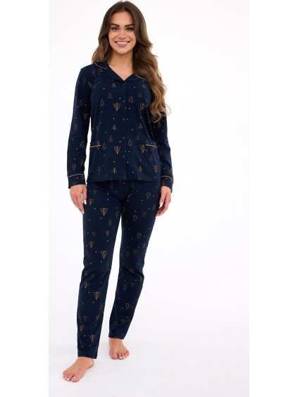 Cornette Tmavomodré dámske dlhé pyžamo so zlatou vianočnou potlačou