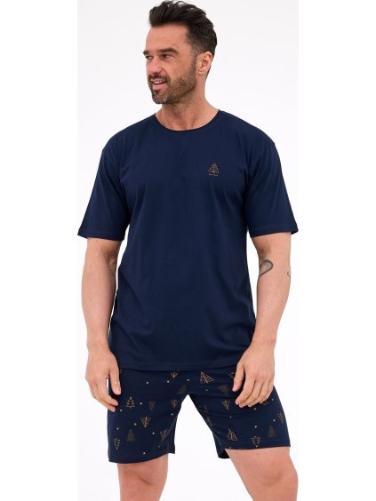Cornette Tmavomodré pánske krátke pyžamo so zlatou vianočnou potlačou