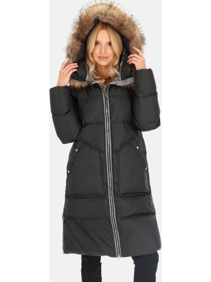 Elegantná čierna dámska páperová bunda s kontrastným pruhom