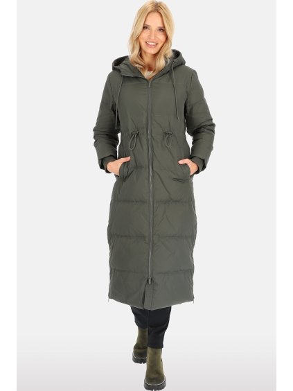 Khaki dámska dlhá páperová bunda s prešívaním