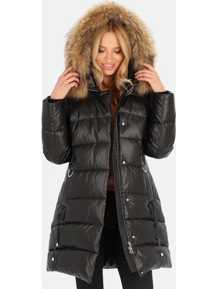 Čierna dámska prešívaná páperová bunda s prírodnou kožušinou