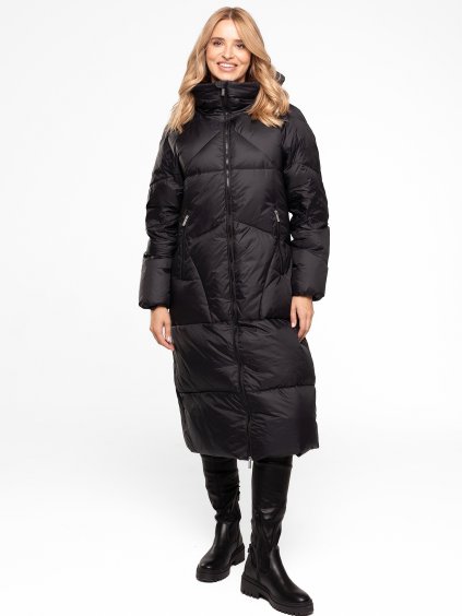 Čierna dámska dlhá páperová prešívaná bunda na zips s kapucňou