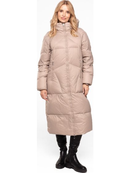 Béžová dámska dlhá páperová prešívaná bunda na zips s kapucňou