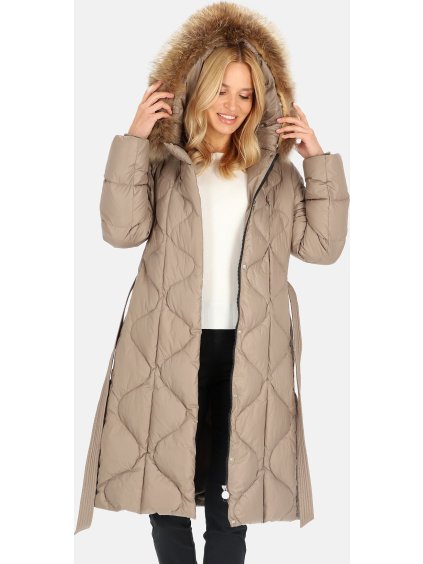 Béžový dámsky páperový prešívaný kabát s pásikom