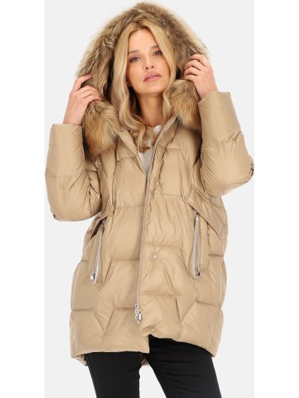 Béžová dámska páperová bunda s prírodnou kožušinou