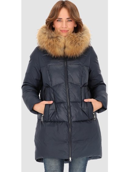 Tmavomodrá dámska asymetrická páperová bunda s prešívaním