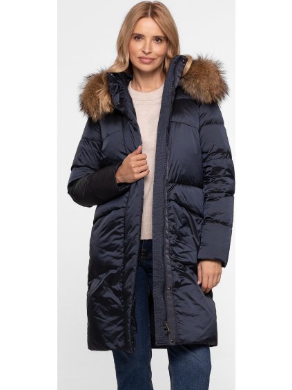 Tmavomodrá dámska páperová bunda s prírodnou kožušinou