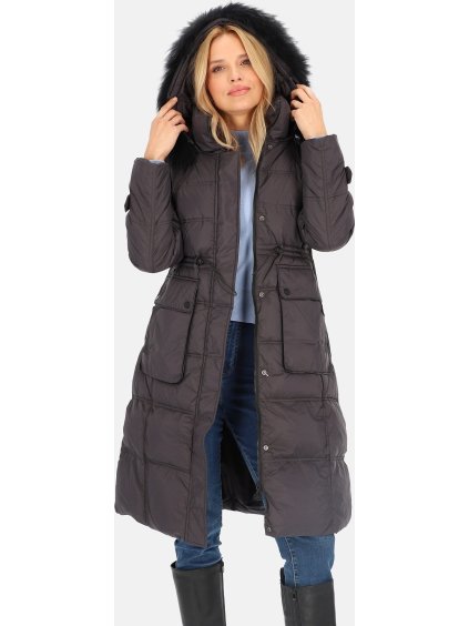 Tmavosivý dámsky páperový prešívaný kabát s kožušinou na kapucni