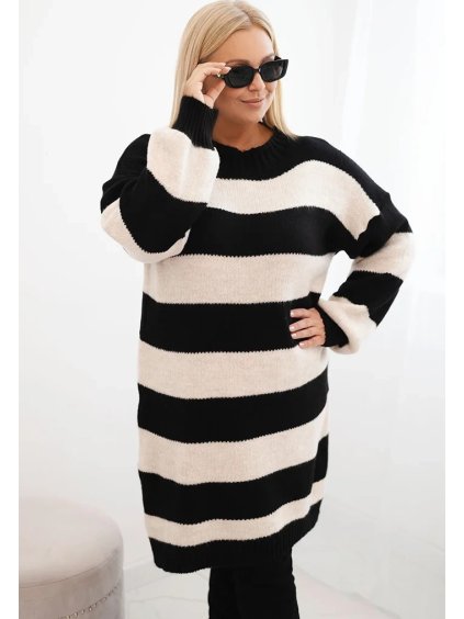 Čierno-smotanové dámske pruhované svetrové šaty s viskózou