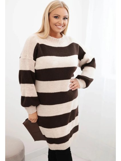 Hnedo-smotanové dámske pruhované svetrové šaty s viskózou