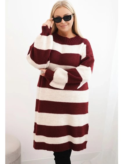 Vínovo-smetanové dámské pruhované svetrové šaty s viskózou