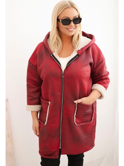 Vínový dámsky Plus Size baránkový kabát s kapucňou a vreckami