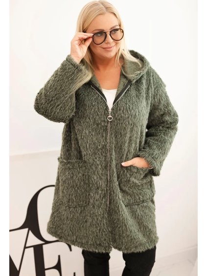 Khaki dámsky viskózový Plus Size kabát na zips s kapucňou