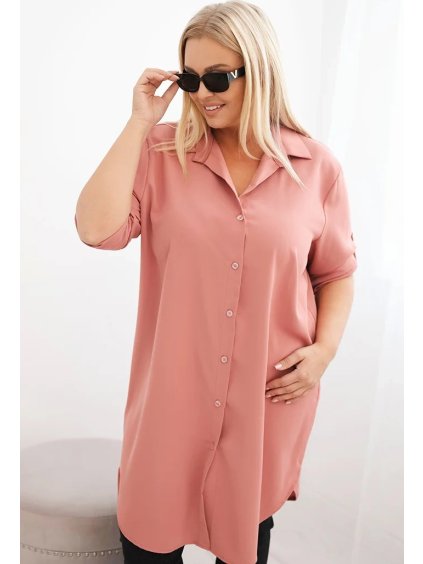 Ružové asymetrické Plus Size košeľové šaty s vyhrňovacími rukávmi