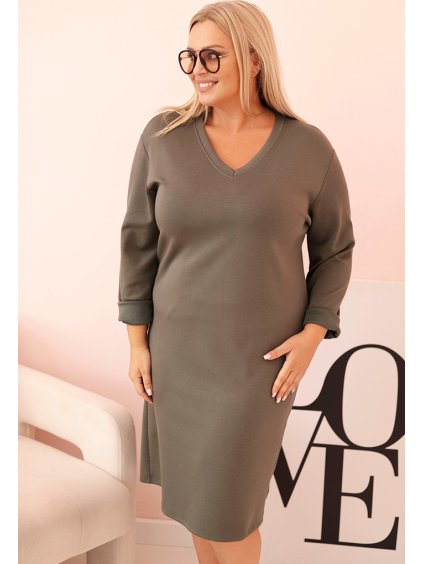 Khaki Plus Size šaty s výstrihom do V a 3/4 rukávmi
