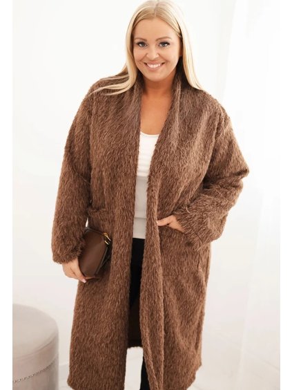 Hnedý dámsky Plus Size teddy kabát z viskózy bez zapínania