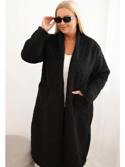Čierny dámsky Plus Size teddy kabát z viskózy bez zapínania