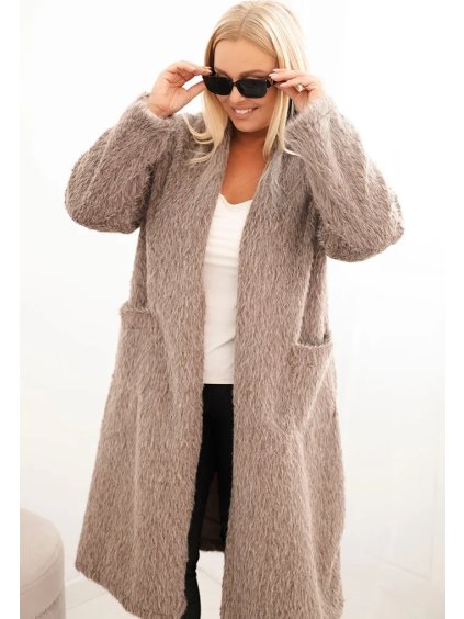 Tmavobéžový dámsky Plus Size teddy kabát z viskózy bez zapínania