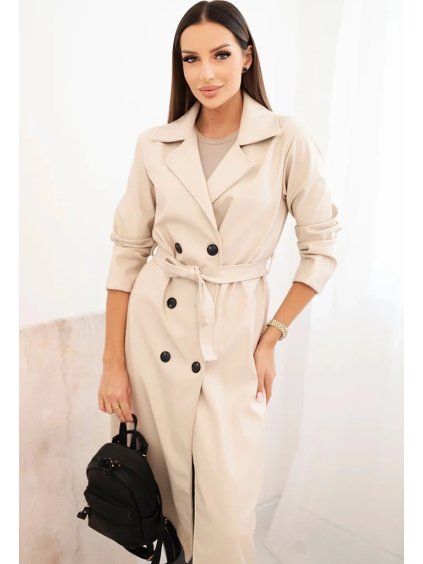 Svetlobéžový dámsky koženkový trenčkot s opaskom