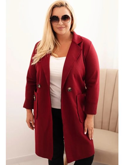 Vínový dámsky elegantný plus size kabát s golierom a veľkými vreckami