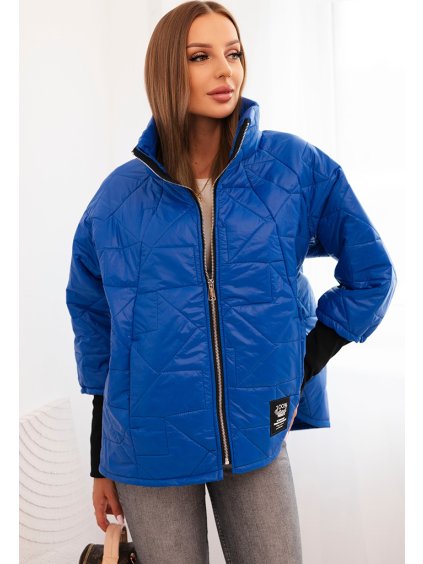 Modrá dámska prešívaná bunda so stojačikom a elastickými manžetami