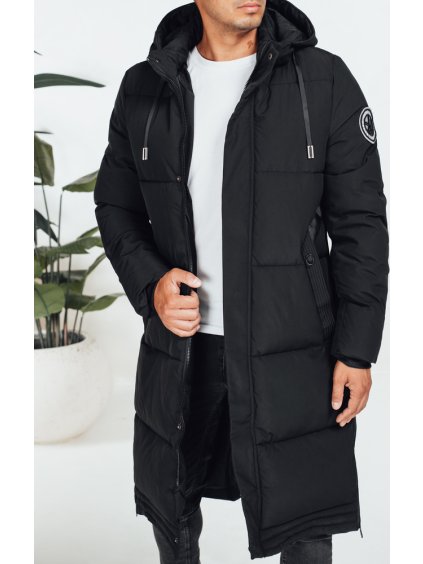 Čierna pánska dlhá zimná prešívaná bunda s odnímateľnou kapucňou