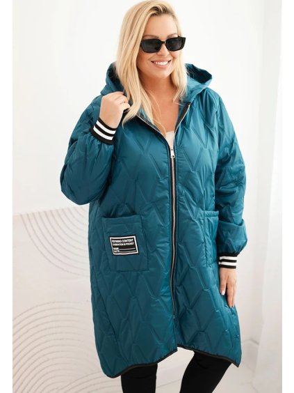 Smaragdová dámska plus size prešívaná bunda s kapucňou a manžetami