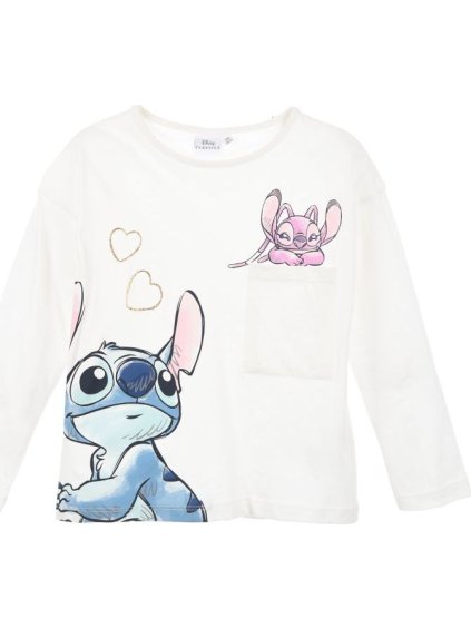 Biele dievčenské tričko s dlhým rukávom a vreckom Disney Stitch