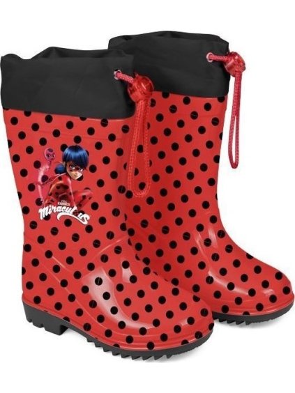 Červené dievčenské gumáky Miraculous Ladybug s bodkami