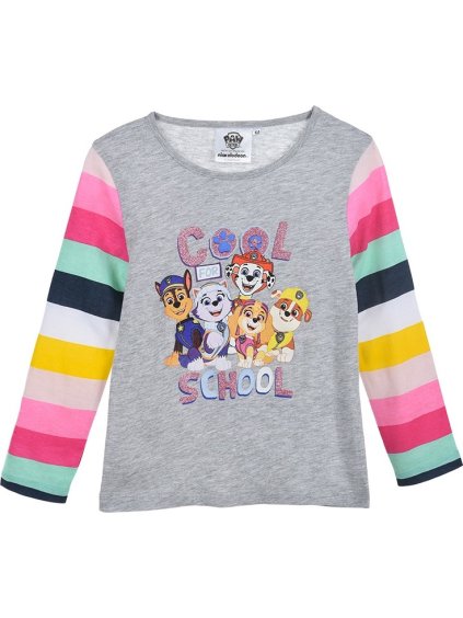 Paw Patrol sivé dievčenské tričko s farebnými pruhovanými rukávmi