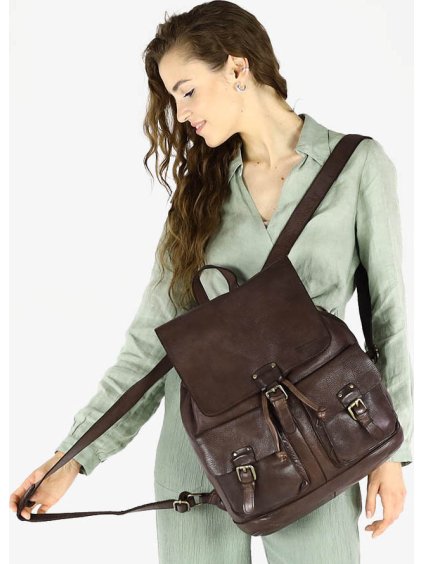 MARCO MAZZINI tmavohnedý kožený batoh s vreckami