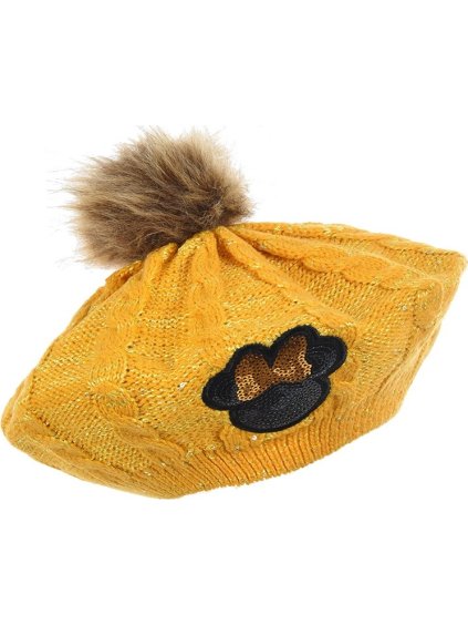 Horčicový trblietavý baret Minnie s brmbolcom