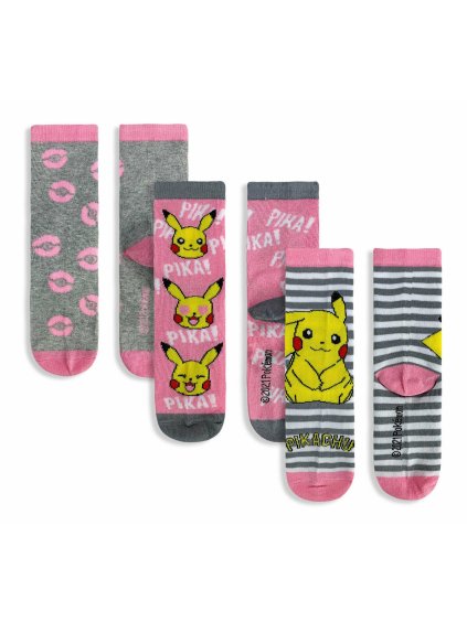 Trojbalenie ponožiek Pokemon Pikachu - ružová/sivá