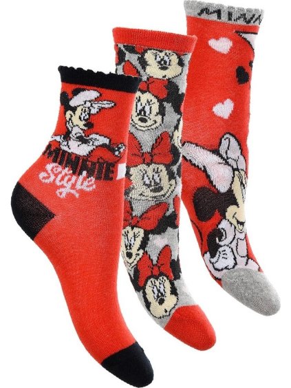 Trojbalenie dievčenských ponožiek Minnie Mouse - červená/sivá/červená