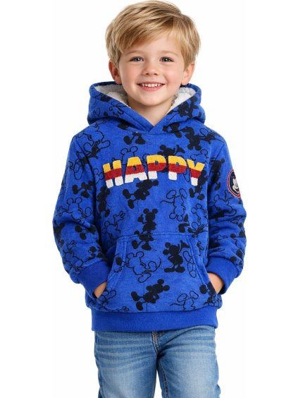 Modrá mikina Mickey Mouse s nápisom Happy