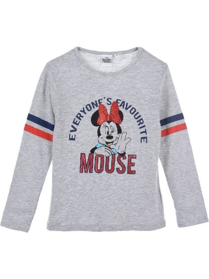 Šedé tričko Minnie s trblietkami a pruhmi na rukávoch