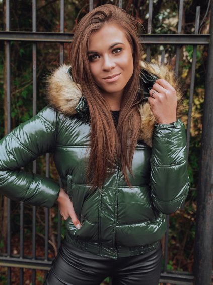 (Veľ. L) Tmavo zelená dámska krátka lesklá zimná bunda