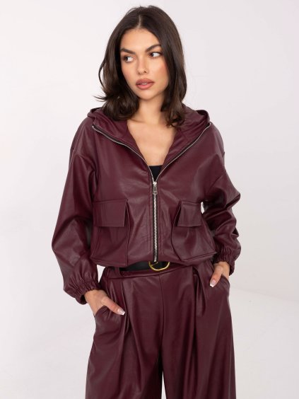 Vínová dámska koženková bunda s kapucňou