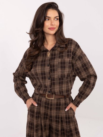 Hnedá dámska károvaná flanelová košeľa s odnímateľnou brošňou