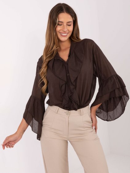 Hnedá dámska košeľa s volánmi na rukávoch
