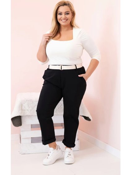 Čierne dámske bavlnené plus size nohavice s pásikom