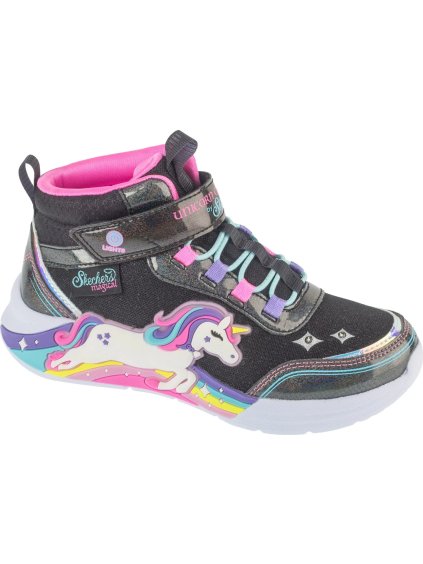Čierne dievčenské svietiace členkové tenisky Skechers S-Lights: Unicorn Chaser - Jumping Magic